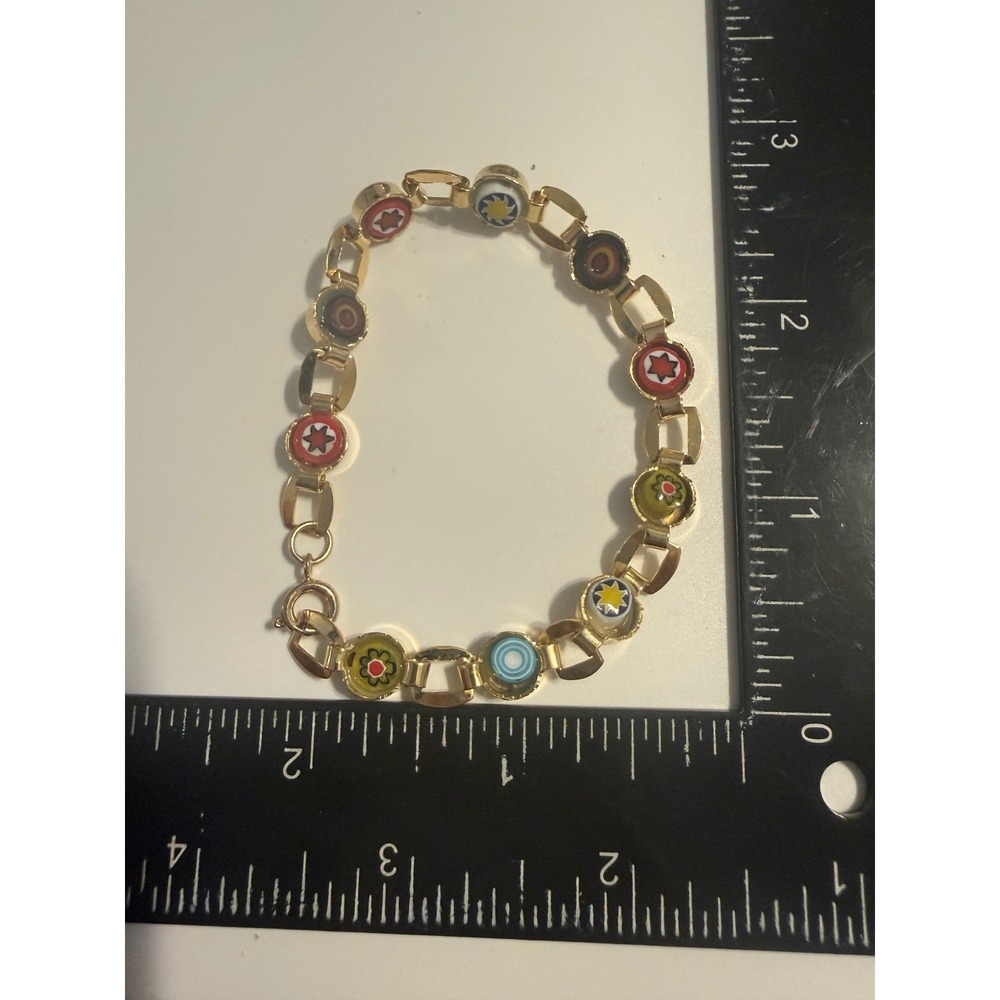 Millefiori Glass Bead Gold Tone Bracelet Multi Color‎ Floral Star Mosaic 7.5in